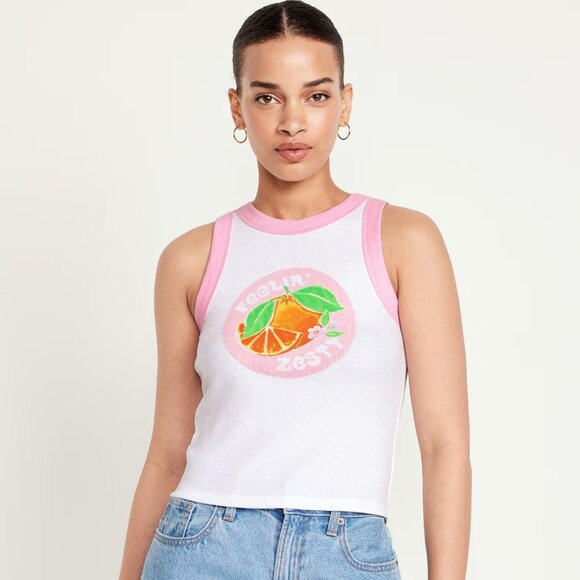 Old Navy White w/ Pink High Crew Neck Feelin' Zesty Graphic Tank Top Size Medium - Picture 1 of 6